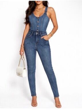 VENUS Blue Denim Button-Front High-Waist Overalls